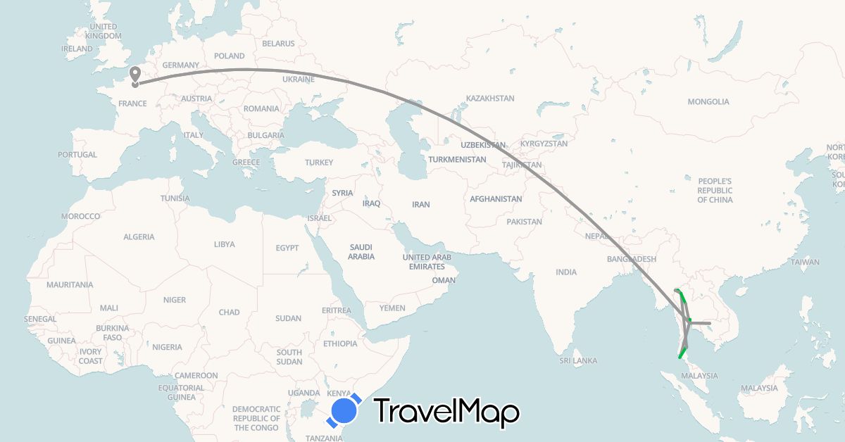 TravelMap itinerary: driving, bus, plane, boat in France, Cambodia, Thailand (Asia, Europe)