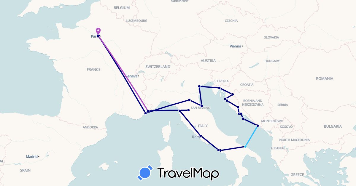 TravelMap itinerary: driving, train, boat in France, Croatia, Italy, Vatican City (Europe)