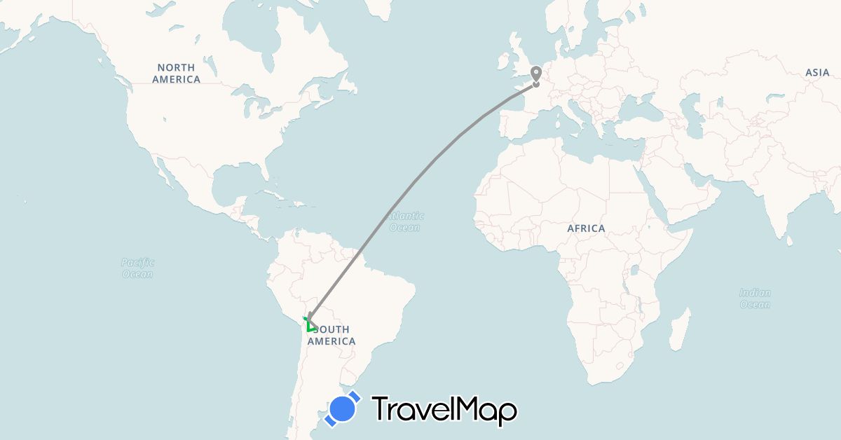 TravelMap itinerary: driving, bus, plane, hiking, boat in Bolivia, France (Europe, South America)